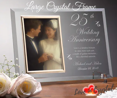 Large Portrait Crystal Frame with laser engraved message and photo.